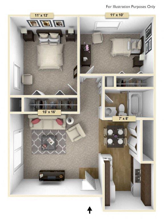 Floor plan for 2 beds, 1 bath, 800 sqft